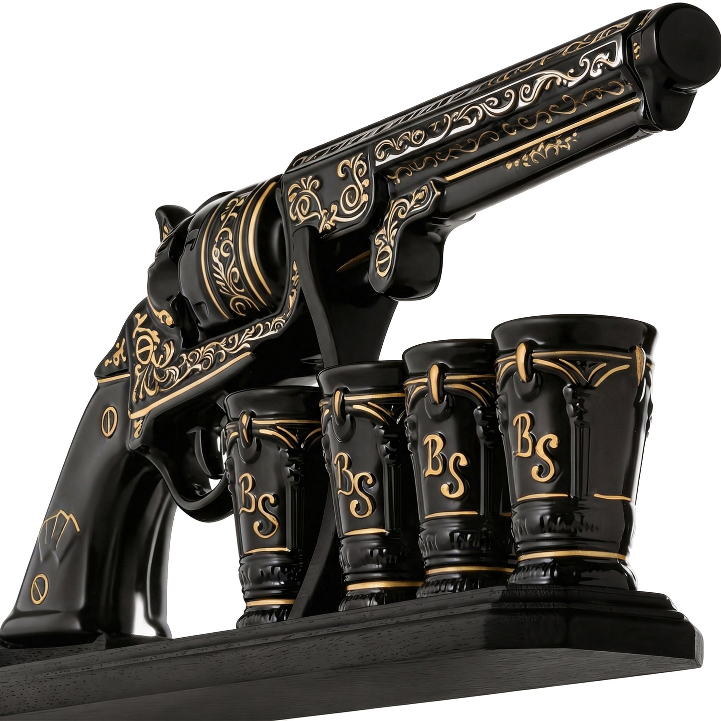 Revolver Whiskey Decanter Set with Oak Stand — Black & Gold, 17 oz (Brave Spirit)