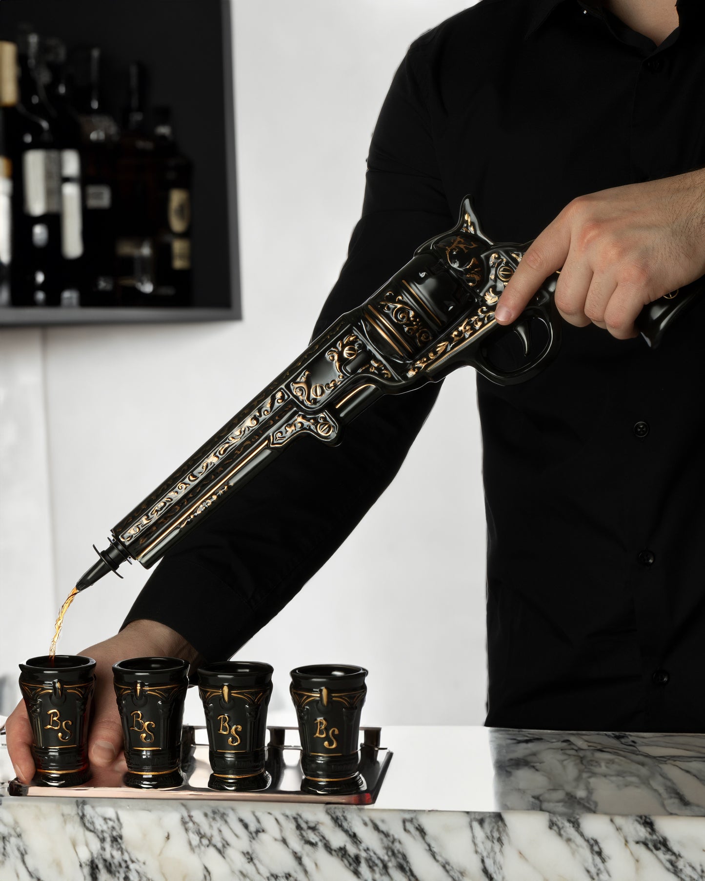 Revolver Whiskey Decanter Set with Oak Stand — Black & Gold, 17 oz (Brave Spirit)