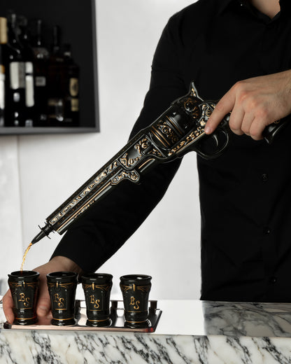 Revolver Whiskey Decanter Set with Oak Stand — Black & Gold, 17 oz (Brave Spirit)