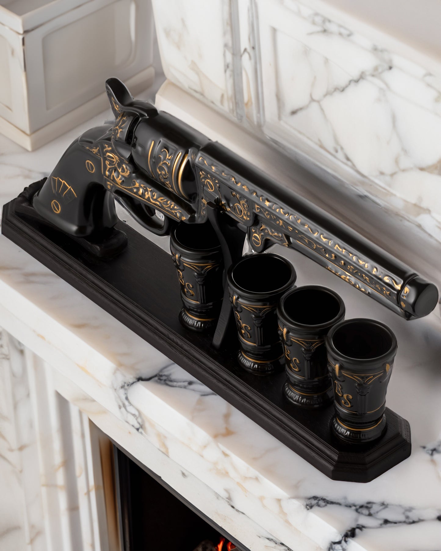 Revolver Whiskey Decanter Set with Oak Stand — Black & Gold, 17 oz (Brave Spirit)