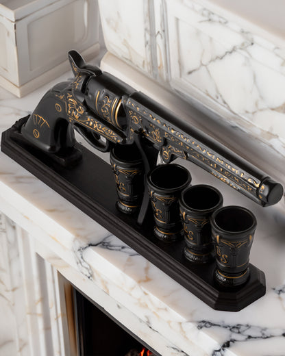 Revolver Whiskey Decanter Set with Oak Stand — Black & Gold, 17 oz (Brave Spirit)