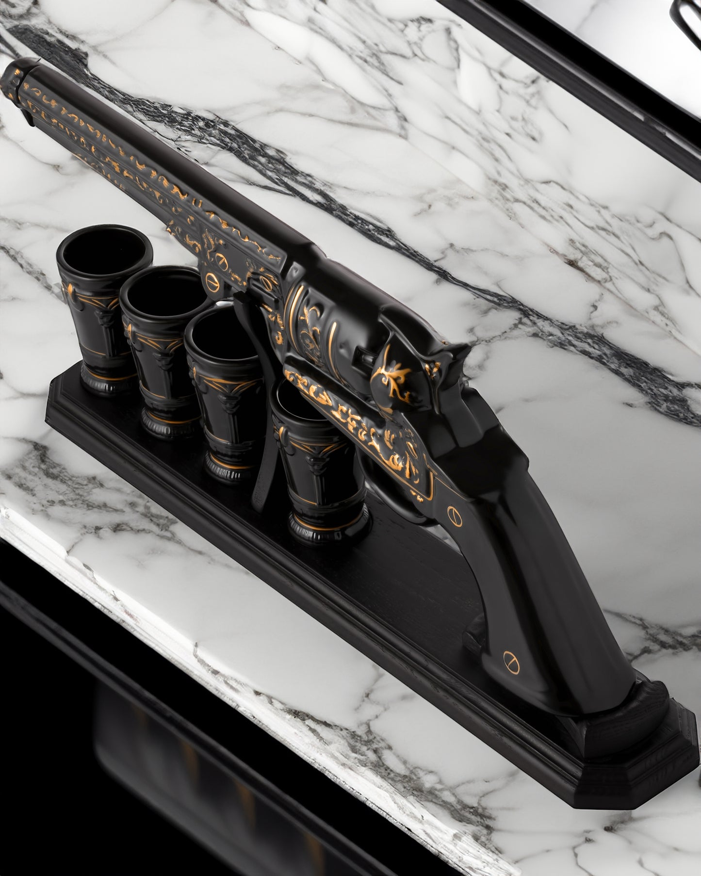 Revolver Whiskey Decanter Set with Oak Stand — Black & Gold, 17 oz (Brave Spirit)