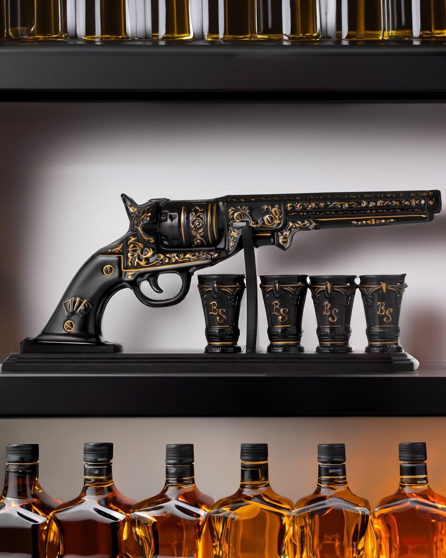 Revolver Whiskey Decanter Set with Oak Stand — Black & Gold, 17 oz (Brave Spirit)