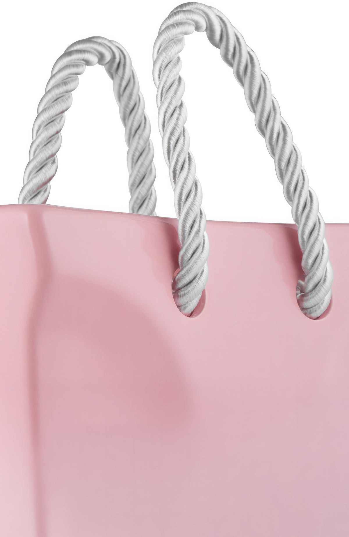 Top-down view of an empty blush pink ceramic handbag vase, coquette tote bag flower vase