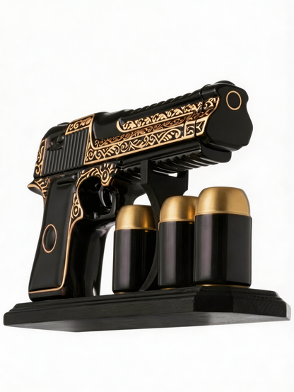 Gun Decanter Set with Shot Glasses — Black & Gold Ceramic, 500 ml